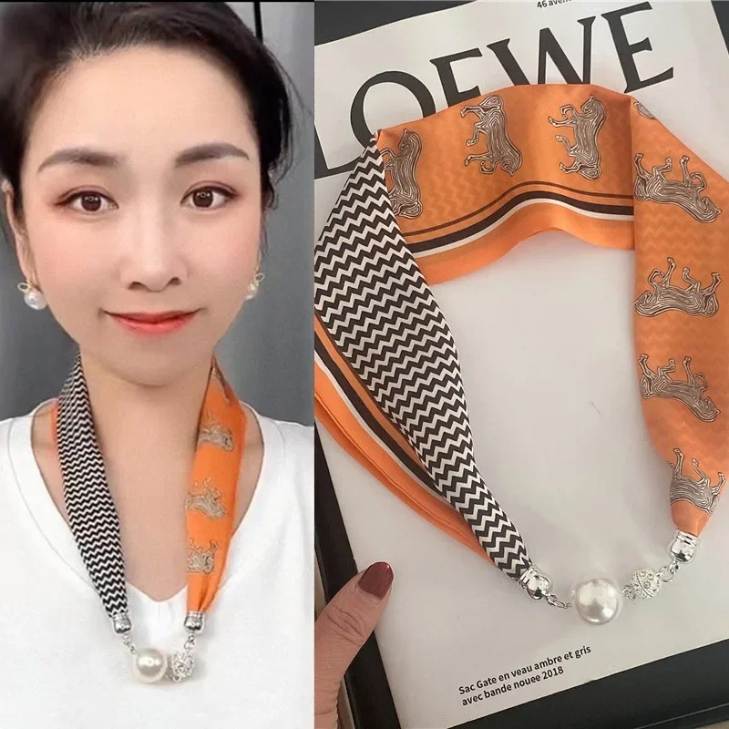 تصميم فاخر زر مغناطيسي الصيف وشاح حريري المرأة المغناطيسي اللؤلؤ قلادة الأوشحة الراقية مطابقة قميص وشاح سيدة