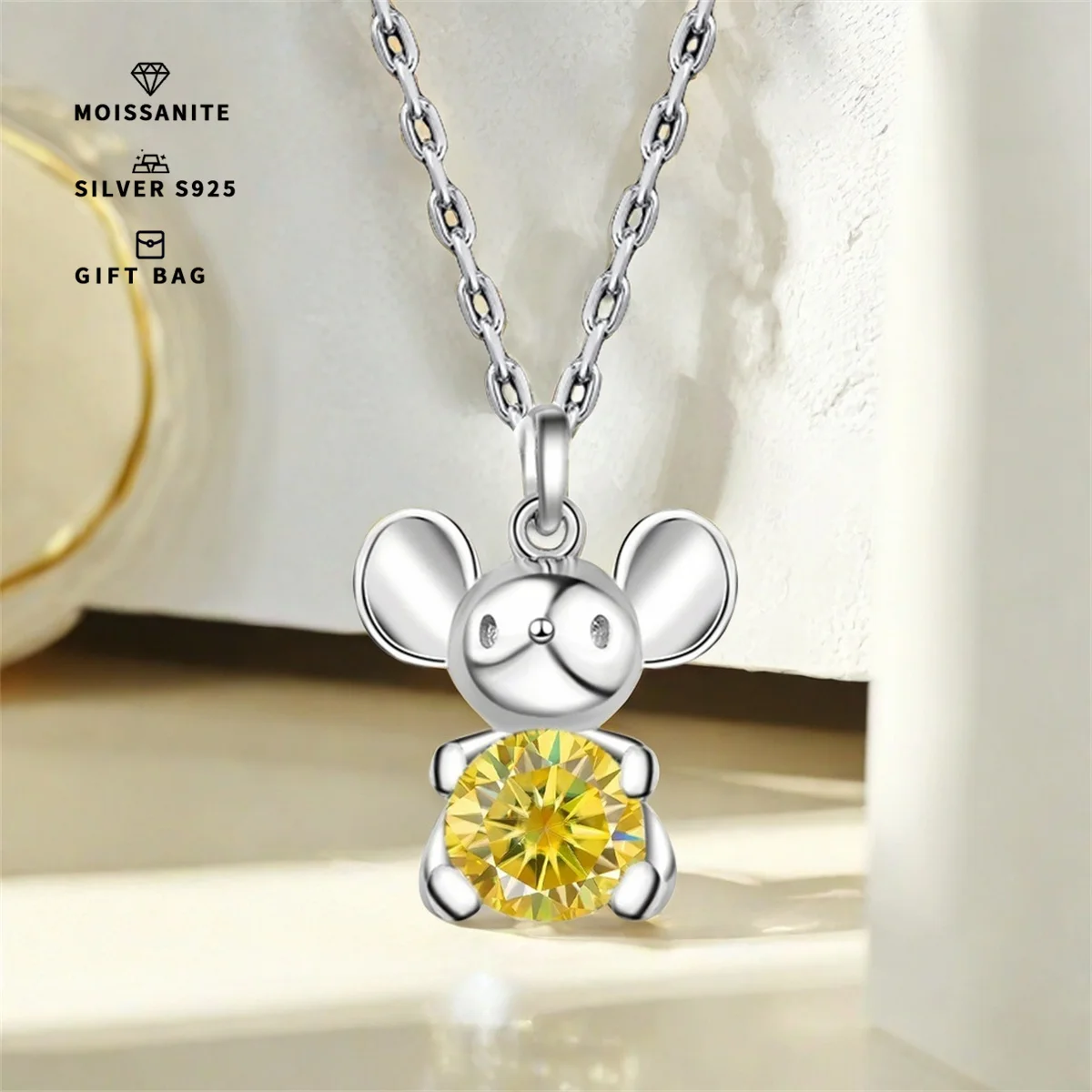 GRA lemon yellow Moissanite S925 silver Platinum plated pendant cute mouse necklace Zodiac clavicle chain plating Platinum