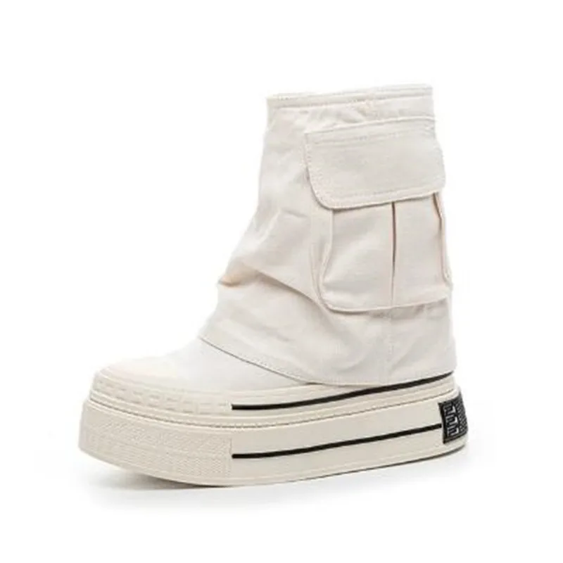 

New Fashion Women All Season Canvas Boots Zipper Side Inner Height Increase 12cm Ultra High Heel Pocket Ankle Boots Black White