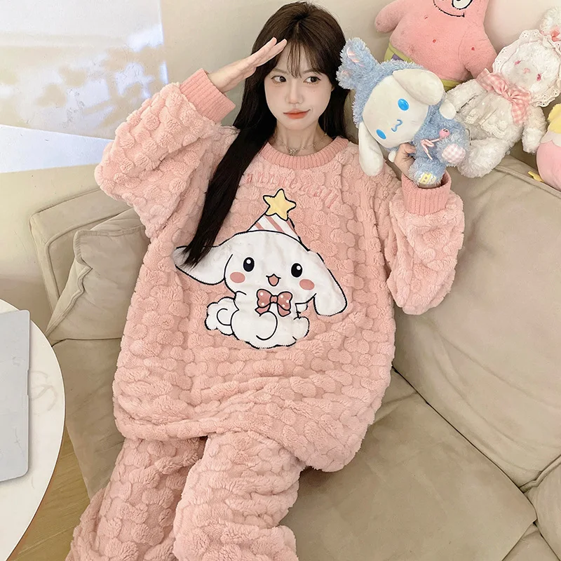 Cartoon Kuromi 2 Stuks Pyjama Set Kawaii Sanrio Anime Vrouwen Pluche Homewear Winter Dikker Lange Mouwen Broek Meisjes Leuke warm Houden