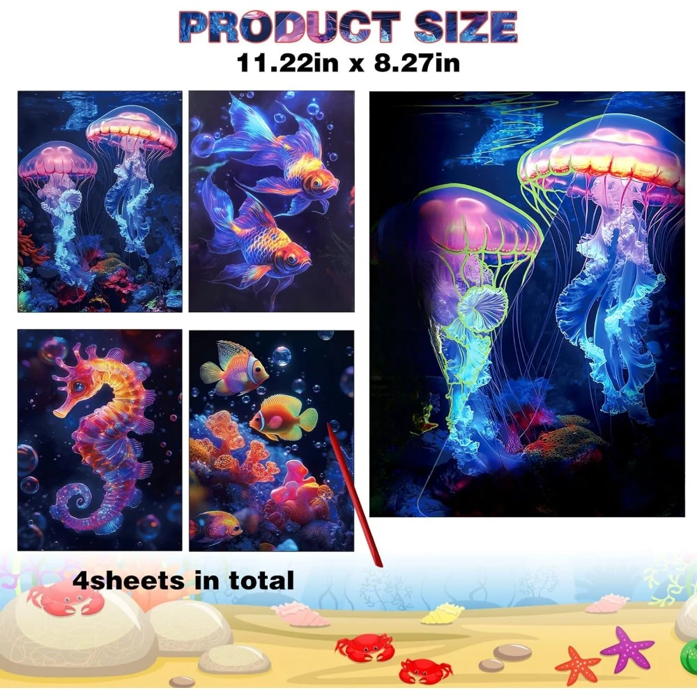 Adult and adolescent scratch art, 4 sheets of scratch paper glowing in the dark rainbow, beautiful night scene scratch paintings