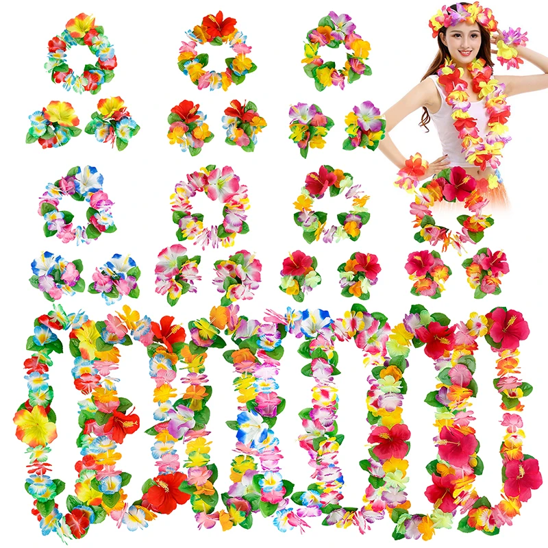 4Pcs/set Hawaiian Flower Leis Garland Necklace Wreath Petal Headband Bracelet Beach Party Decor Wedding Dressing Accessories