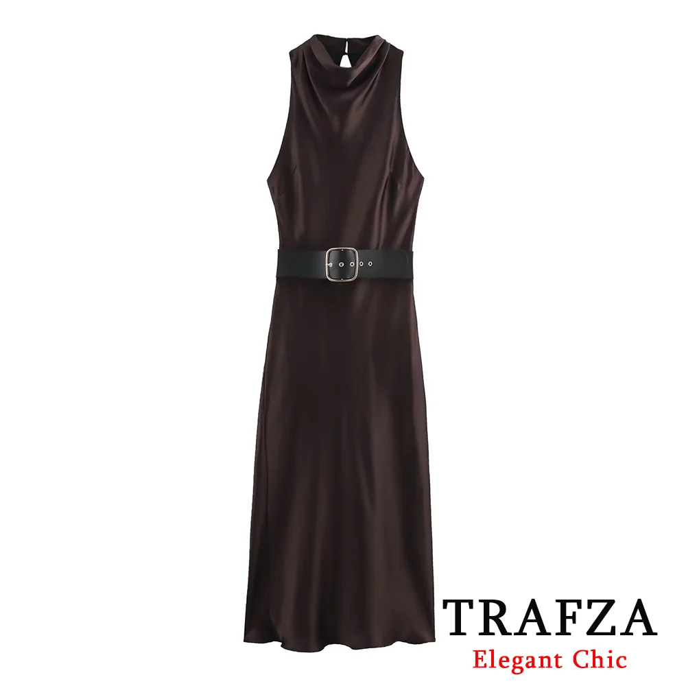 TRAFZA Vrouwen Elegent Satijnen Midi-jurk Met Riem Seleeveless Lange Jurk Nieuwe 2025, Lente Zomer Mode Commuter Party Datum Jurk