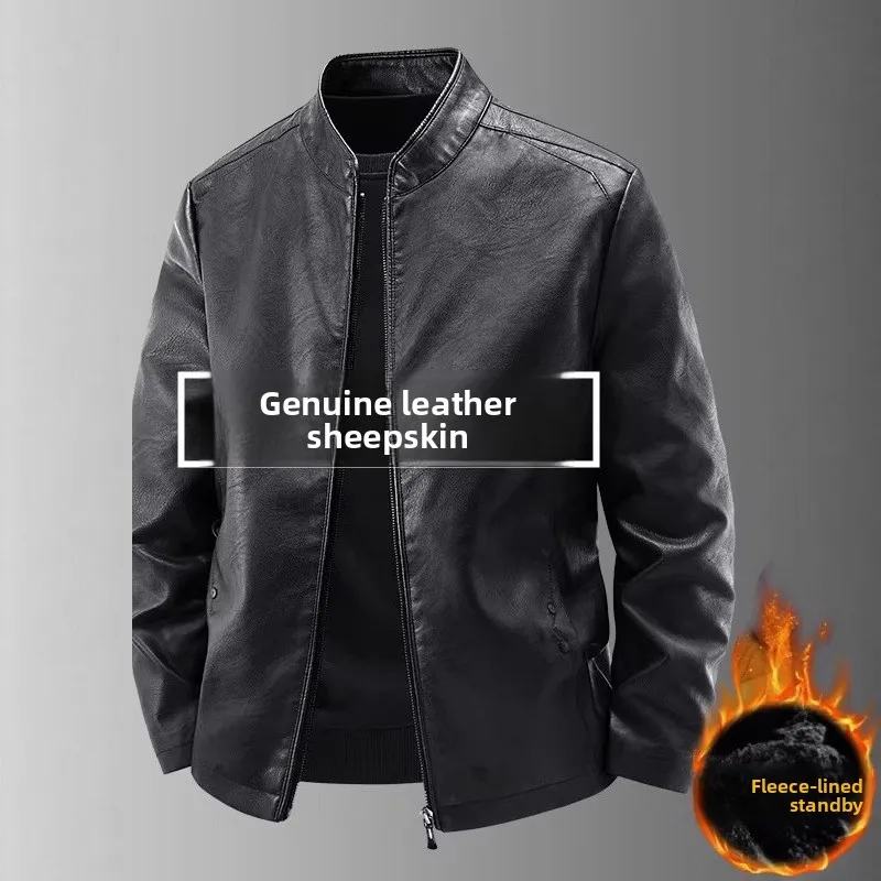 

Fashion Genuine Leather Overcoat Men Stand Collar Leather Motorcycle Coat