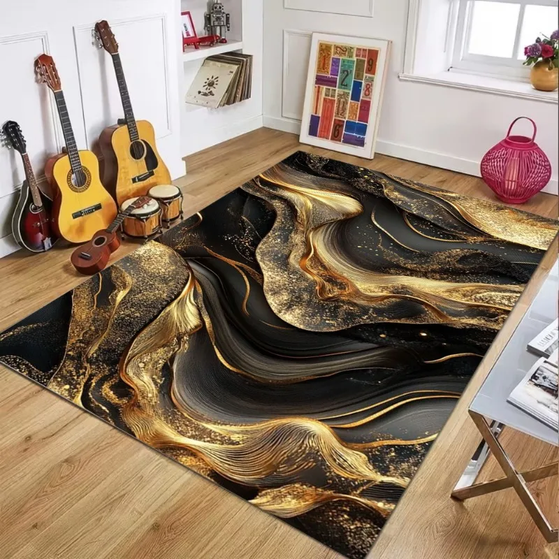 Künstlerischer Flüssigdruck-Teppich Schwarz-Gold Marmor-Textur Moderner Luxus-Teppich Weiche Rutschfeste Bodenmatte für Wohnzimmer