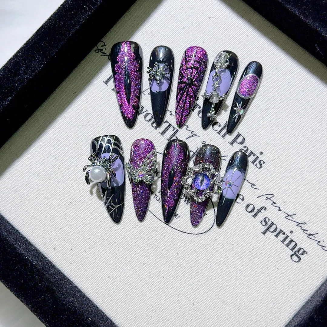 10pcs Halloween Handmade Press on Nails European Heavy Metal 3D Spider Fake Nails Wearable Detachable Spice Girls False Nails