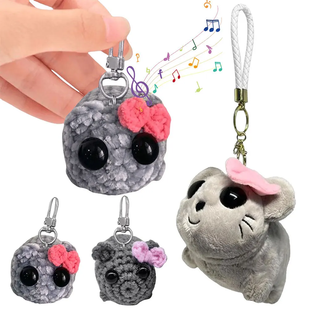 Cute Sad Hamster Keyring Kawaii Sad Hamster Meme Plush Toy Handmade Sad Hamster Crochet Doll Keychains with Bow for Desk Decor