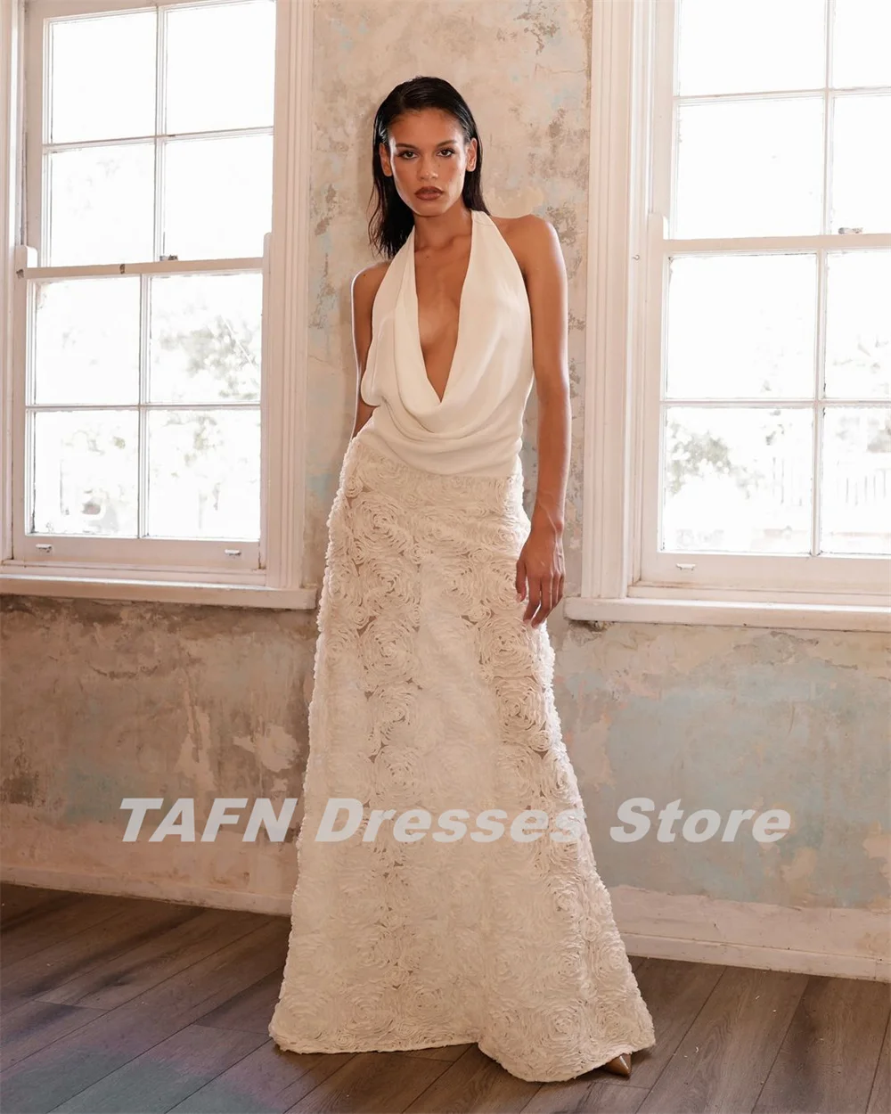 TAFN French Formal Evening Dresses Deep V-Neck Sleeveless Long Prom Party Gown A-line Floral Lace robes de soirée Photo Shoot