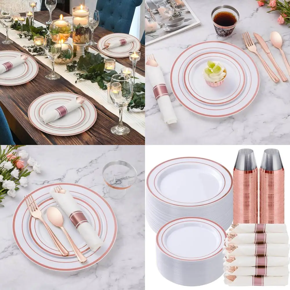 

50-Person Rose Gold Plastic Dinnerware Set: Includes 50 Dinner, 50 Dessert Plates, Napkins, Silverware, and Cups