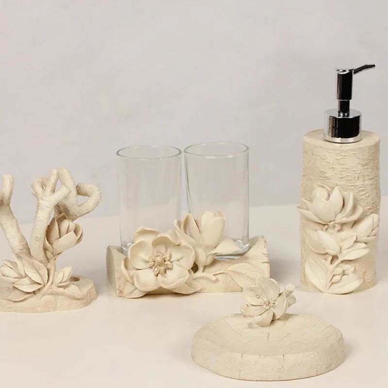 Resin Bathroom Utensils Lotion Bottle Soap Dish Mouthwash Cup Holder Toothbrush Holder Home Accessories Flower Bathroom Products