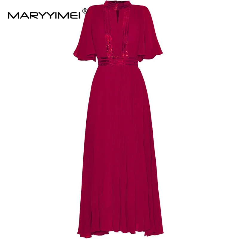 MARYYIMEI Summer Women's Dress Stand Collar Puff Sleeve Striped Sequins High Waiste Elegant Gorgeous Evening Dresses