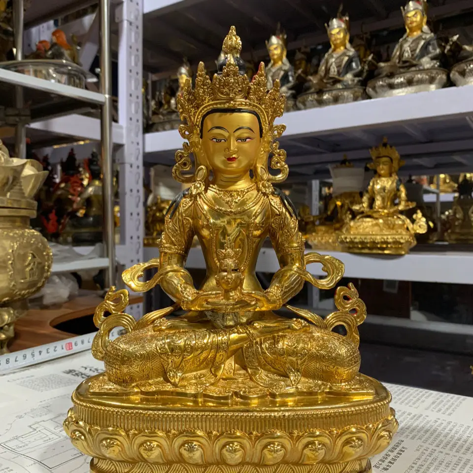 Tibetan 10-inch Longevity Buddha pure copper gilt boutique Buddha statue one foot high 30cm Buddhist hall ornament domestic bras