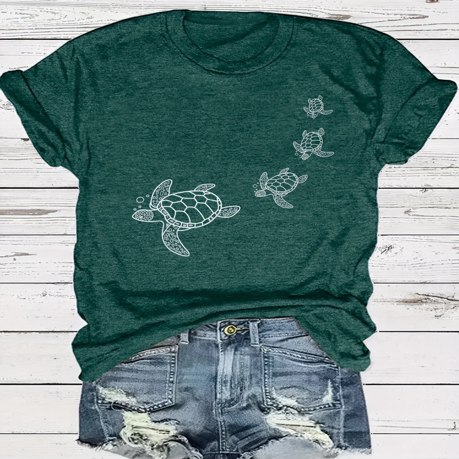 Turtle Print Crew Neck T-Shirt, Casual Short Sleeve T-Shirt For Spring & Summer, Women's Clothing