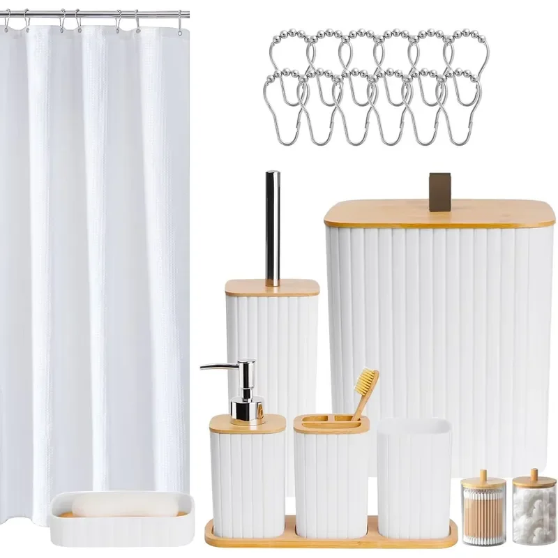 22 Piece Bathroom Accessories Set Home Decor Trash Can Toilet Brush Holder Soap Dispenser Shower Curtain Kit Modern Style
