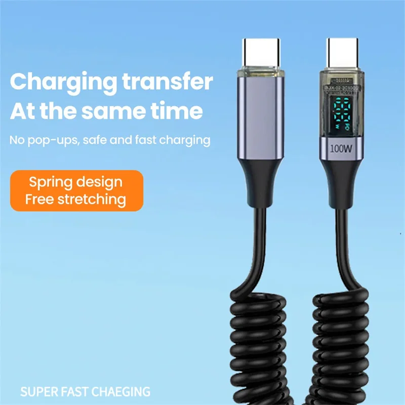 

PD 100W Spring Data Cable Elbow Type C To Type-C USB C LED Digital Display Fast Charging Cable for Samsung Huawei Xiaomi iPhone