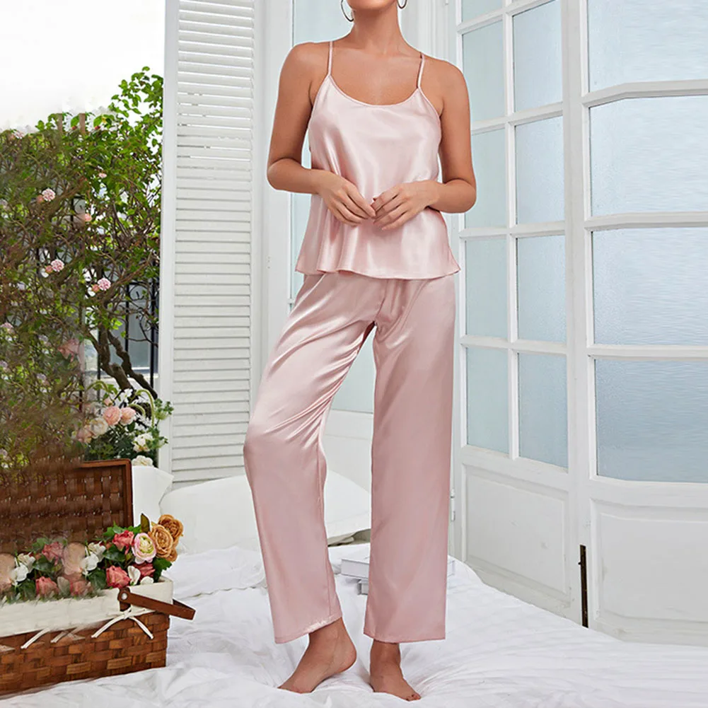 Womens Ice Silk Home Clothes Breathable Backless Suspenders Pants Suit Pajamas Comfortable Soft Sleep Stretch Underwear