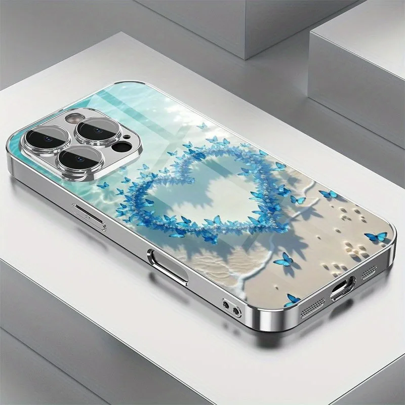 

Romantic Beach Love Butterfly Pattern Glass Electroplated Phone Case For iPhone 17 16 15 14 13 12 Pro Max Plus 16E 17 Air Cover