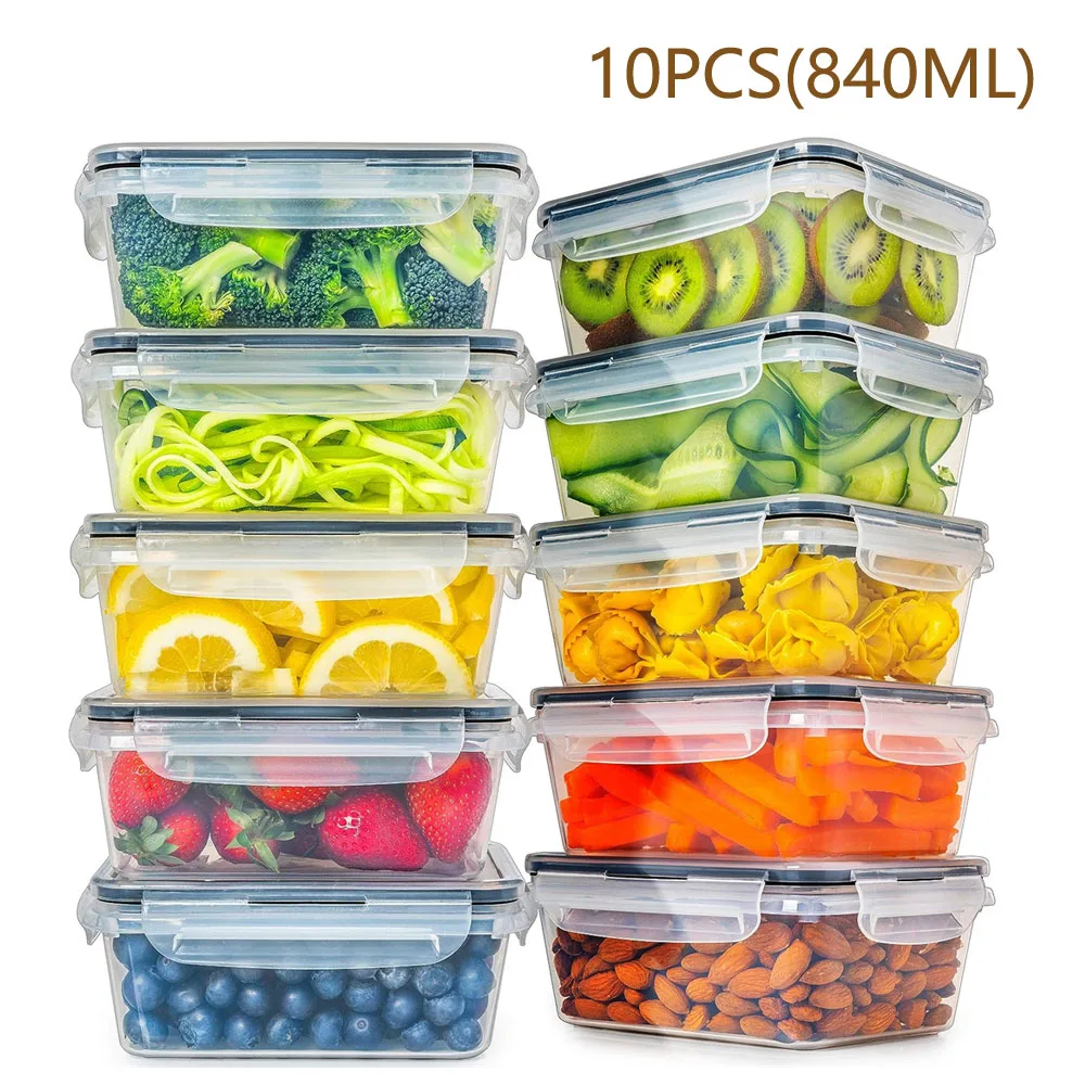 

10 Pieces BPA-Free Reusable Square Kitchen Storage Containers Set - 840ml Microwave & Freezer Safe, Dishwasher Friendly Lunch Bo