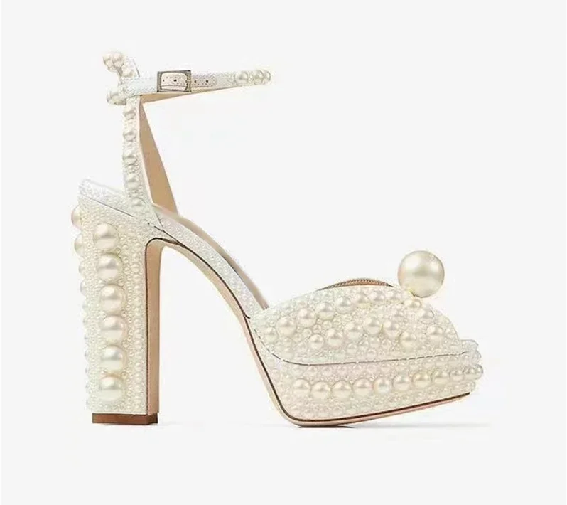 

White High Heel Pearl Banquet Wedding Shoes Fashion Thick Heel Water Platform Matsuke Sandals Pearl Pointed Fish Mouth Sandals