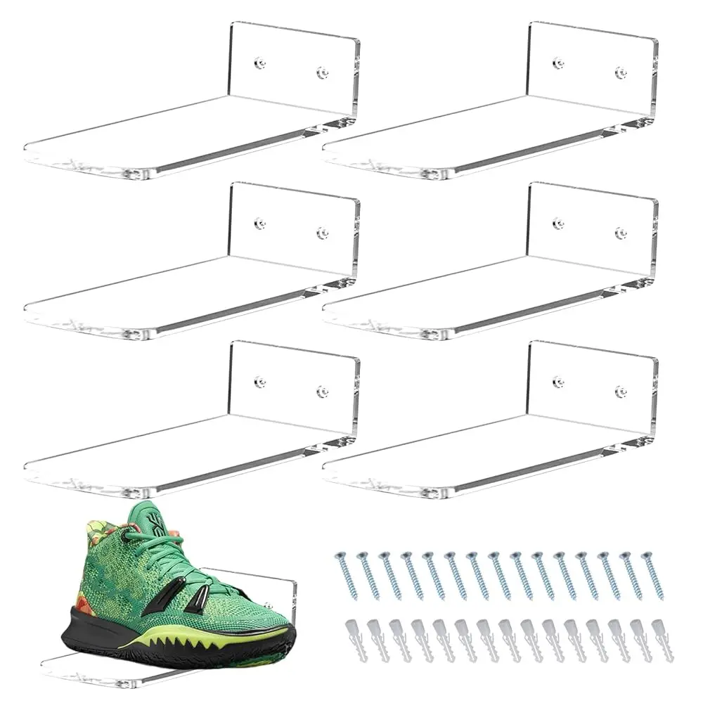 

Floating Shoe Display Shelves Wall Mount Set Of 6, Clear Acrylic Floating Sneaker Shelves, 8 X 3 H Acrylic Shoe Shelf For Wall,