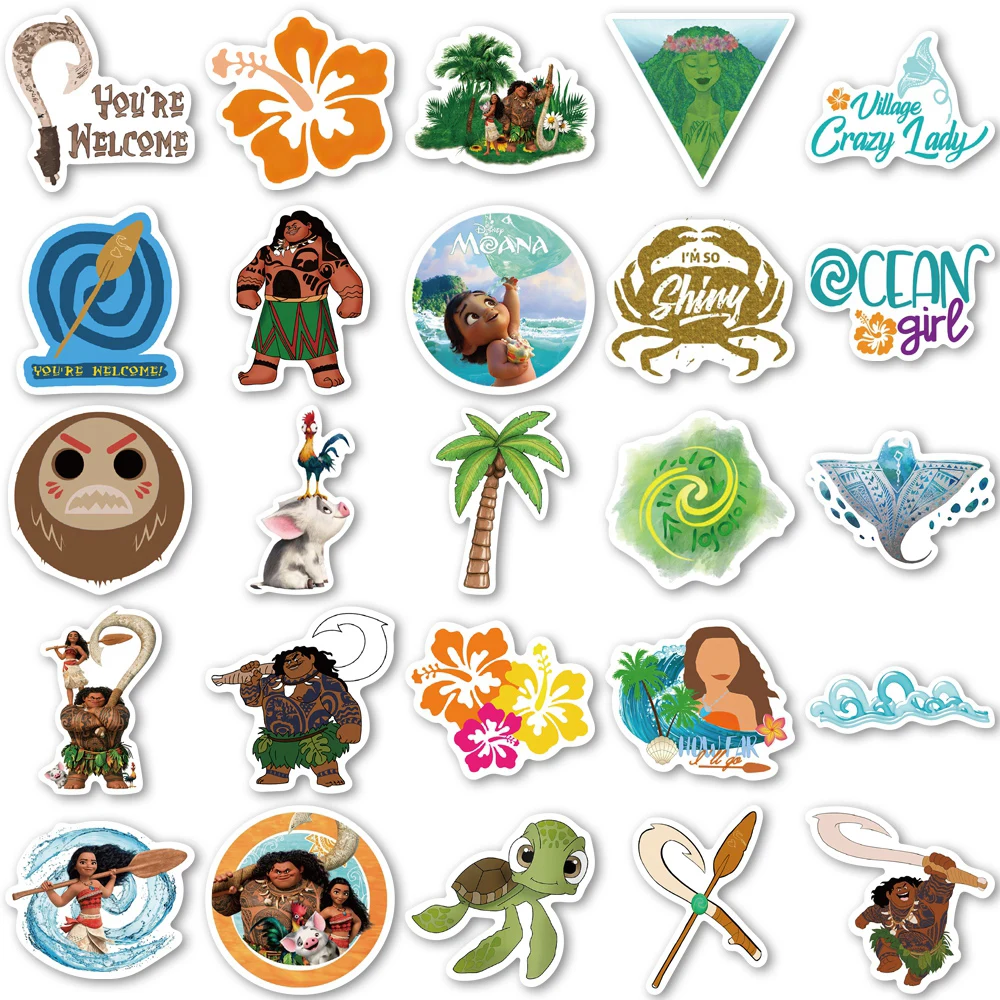 Pegatinas de dibujos animados Moana de la película de Disney, calcomanías DIY para ordenador portátil, monopatín, teléfono, Maleta, guitarra, bicicleta, coche, grafiti, juguete, 10/30/50 piezas