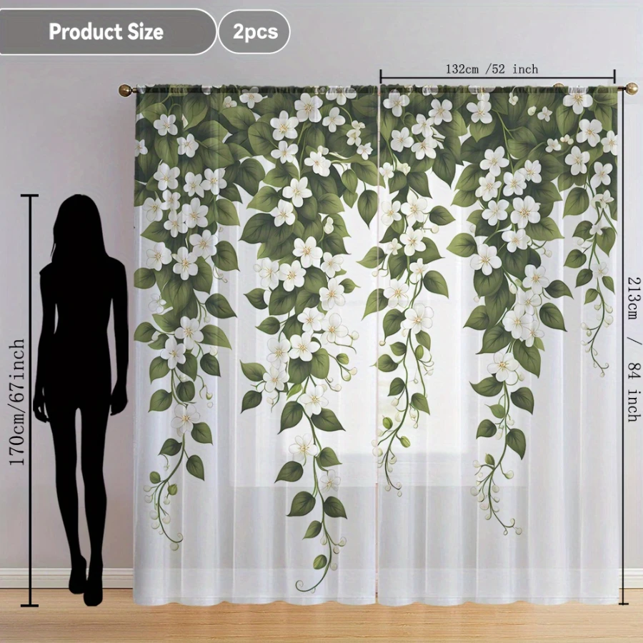 2PCS 디지털 프린트 시스루 커튼, 녹색 덩굴과 흰색 - Home Office Rate 리뷰 및 가격