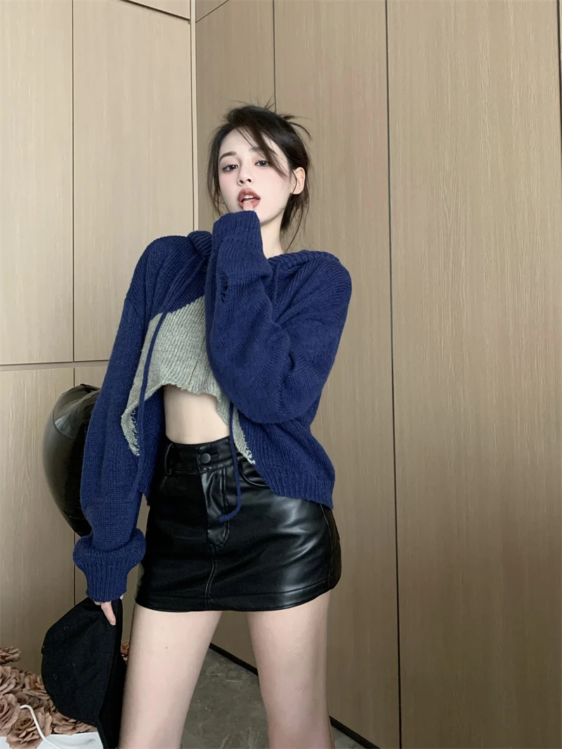 Y2K Vintage Women Irregular Cropped Cardigan Chic Star Patch Jackets Top Hooded Knit Casual Loose Sweater Casacos Trico Feminino