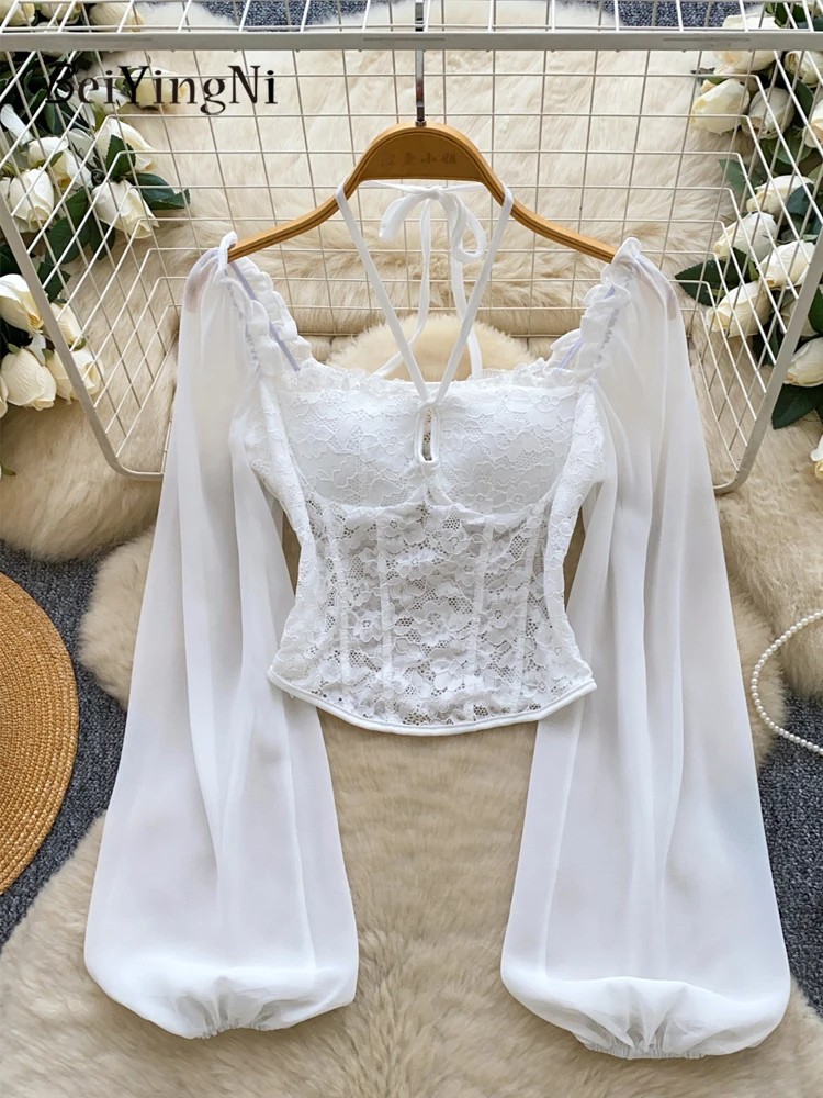 

Beiyingni French Elegant Square Collar Blusas Female Halter Chiffon Lantern Sleeve White Crop Tops for Women Spring Autumn Shirt