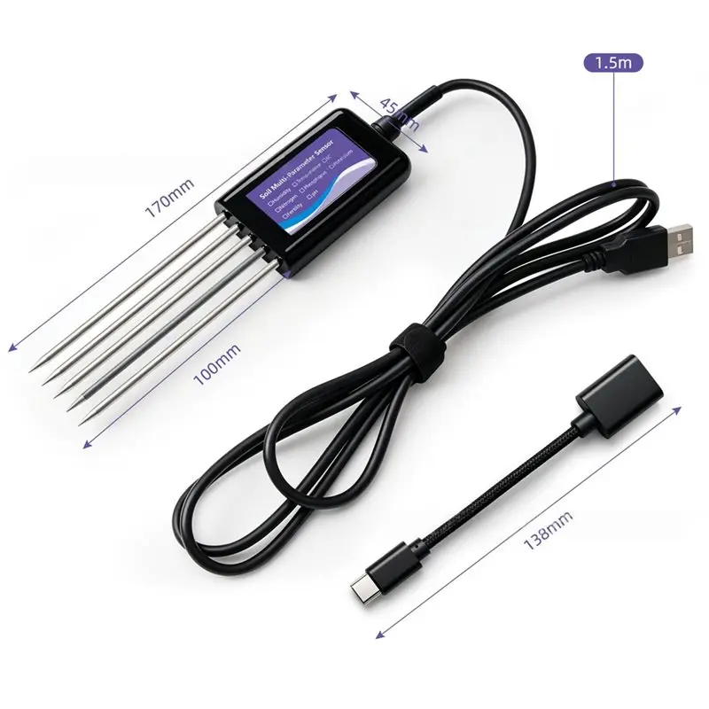 AT19-Garden Farm Soil Monitor 8-In-1 USB Sensor Tester For Android Phones Measures PH EC Humidity Temp Fertility Detector