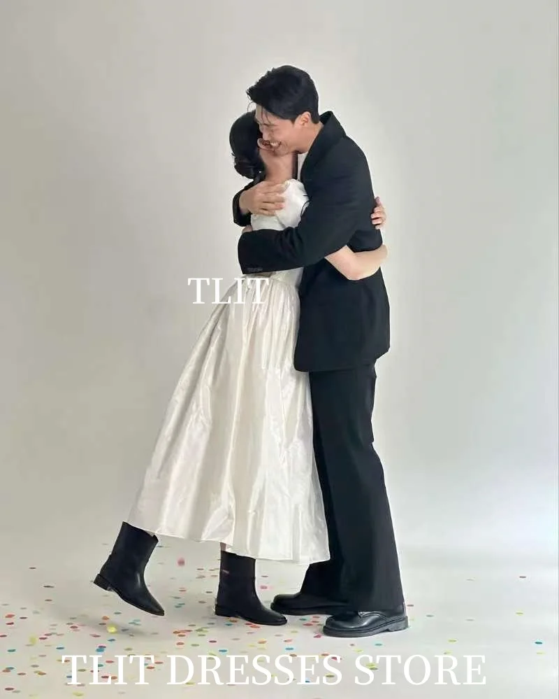 TLIT Eenvoudige witte satijnen avondjurk Korea trouwjurk fotoshoot O-hals bloemen galajurken op maat gemaakte korsetjurken