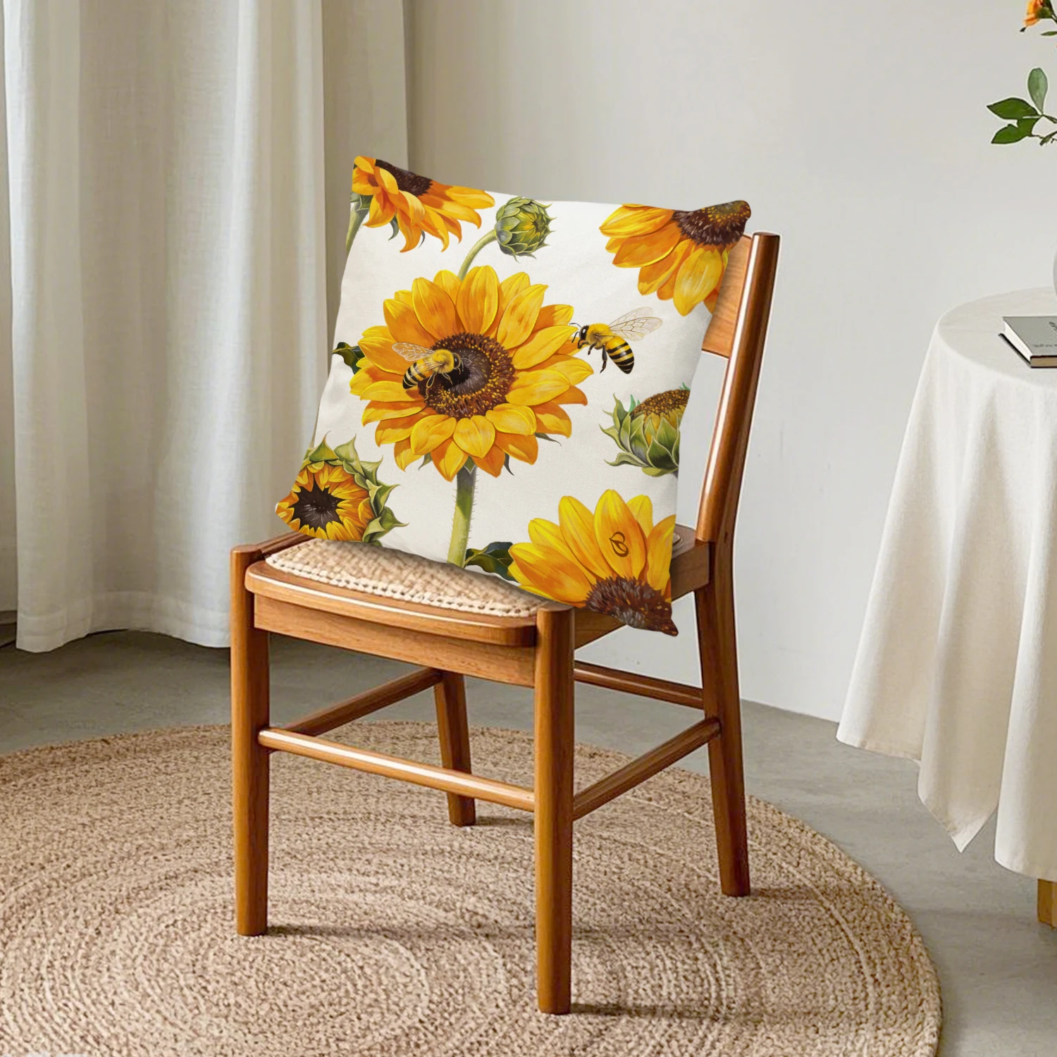 Sunflower Bee Linen Cushion Covers Realistic Botanical Floral Throw Pillow Case Summer Garden Nature Decor Sofa Couch Bedroom