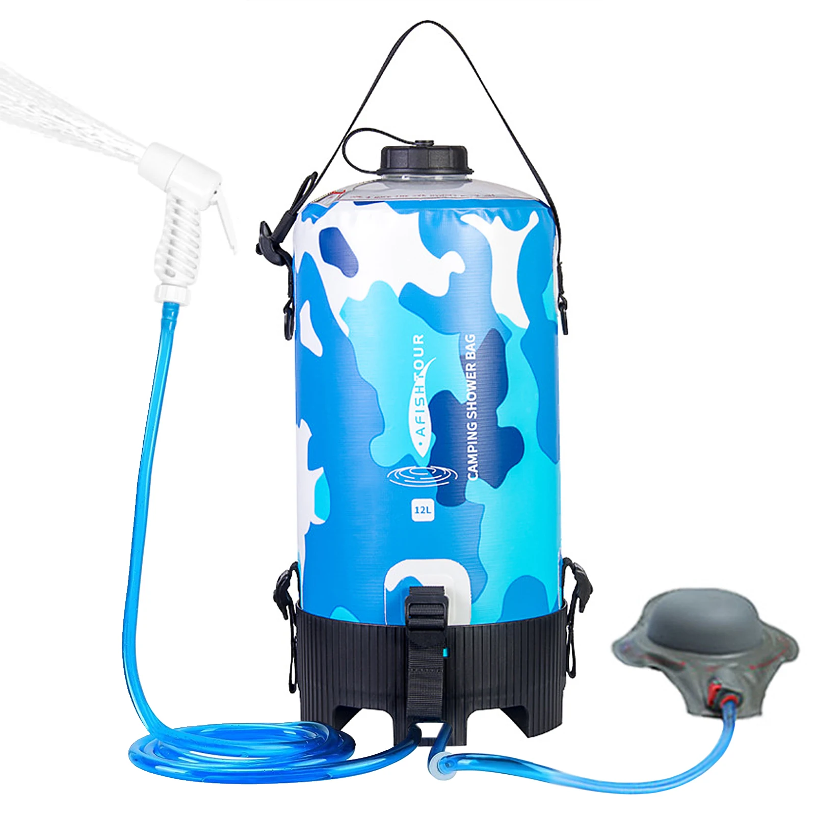 12L Portable Camping Shower Bag PVC Pressure Shower Bag with Foot Pump and Shower Head Hose for Camping Hiking Backpacking