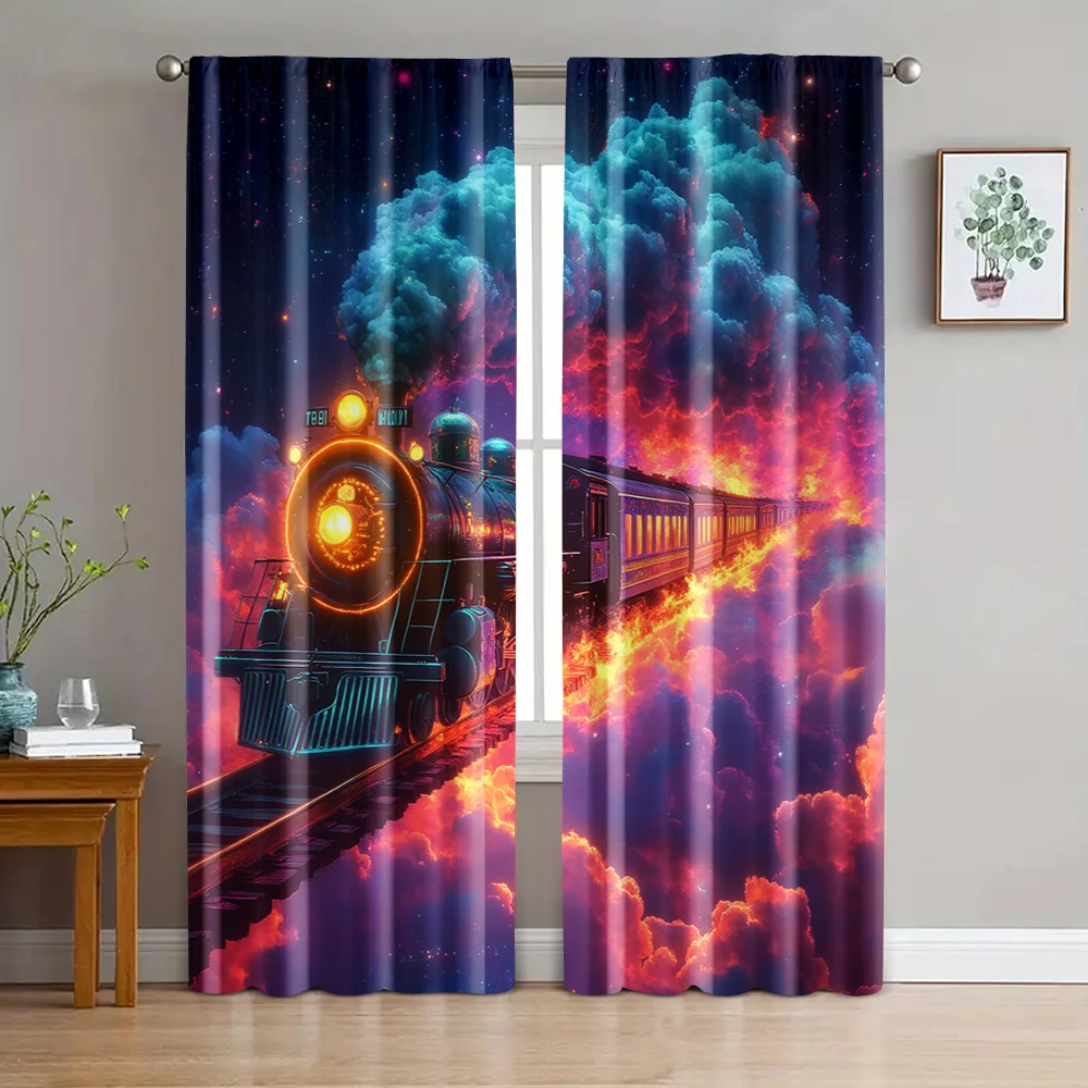 2pc,  Window Curtains Cyberpunk Train Blackout  Polyester Festive Backdrops Use for Holiday Decorations bedroom decor