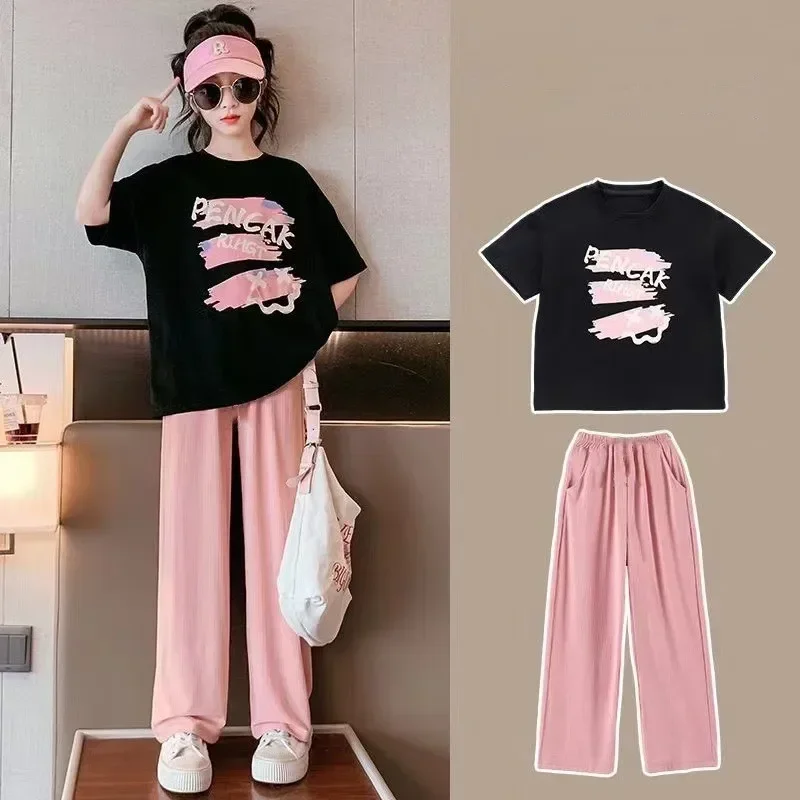 Summer Girls Cotton Alphabe Printed T-Shirt Tops+Lightweight Ice Silk Pant Set School Kids 2PCS Tracksuit Children Outfit 5-16Yr