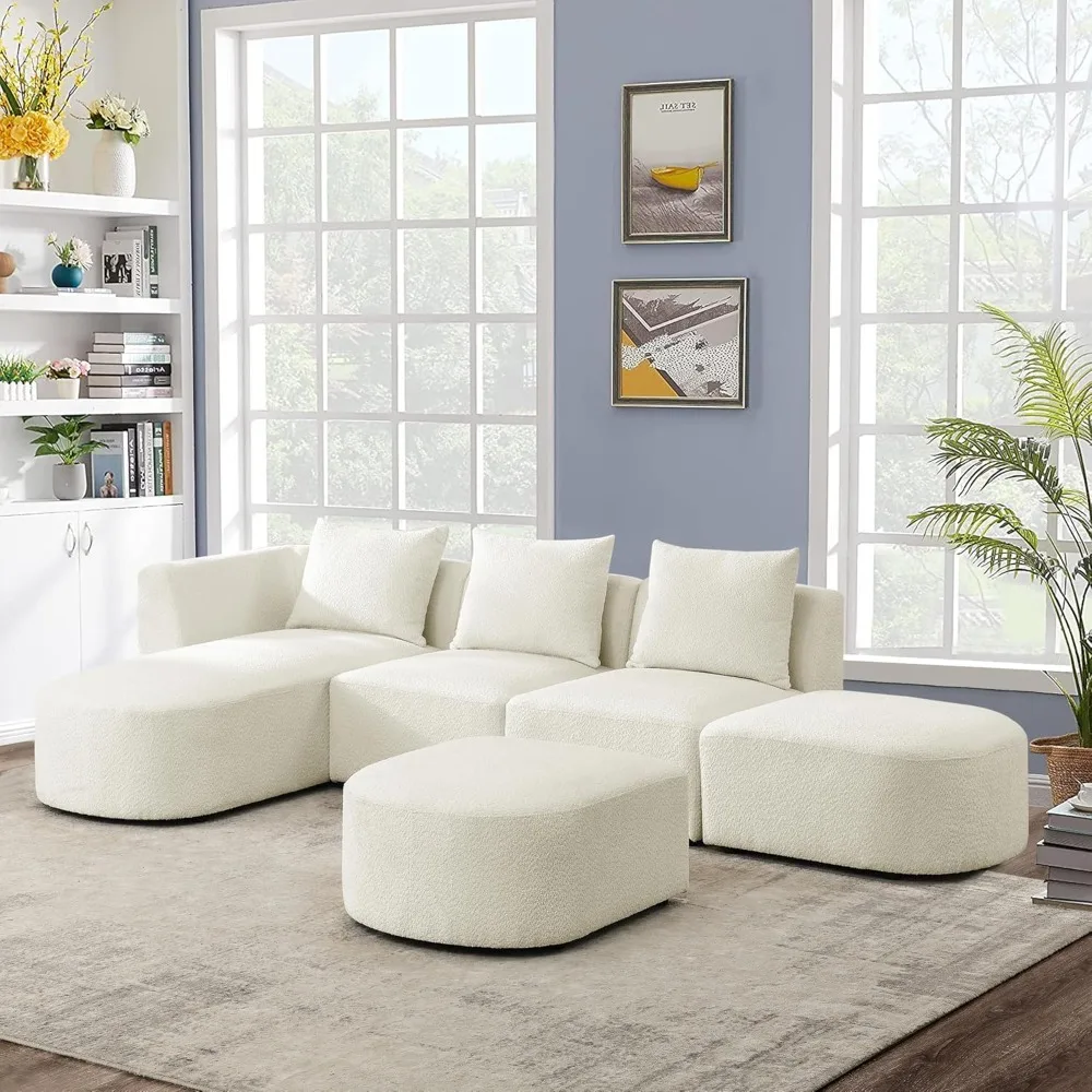 Modular segmented L-shaped sofa set, modern minimalism, left chaise longue, ottoman, 113