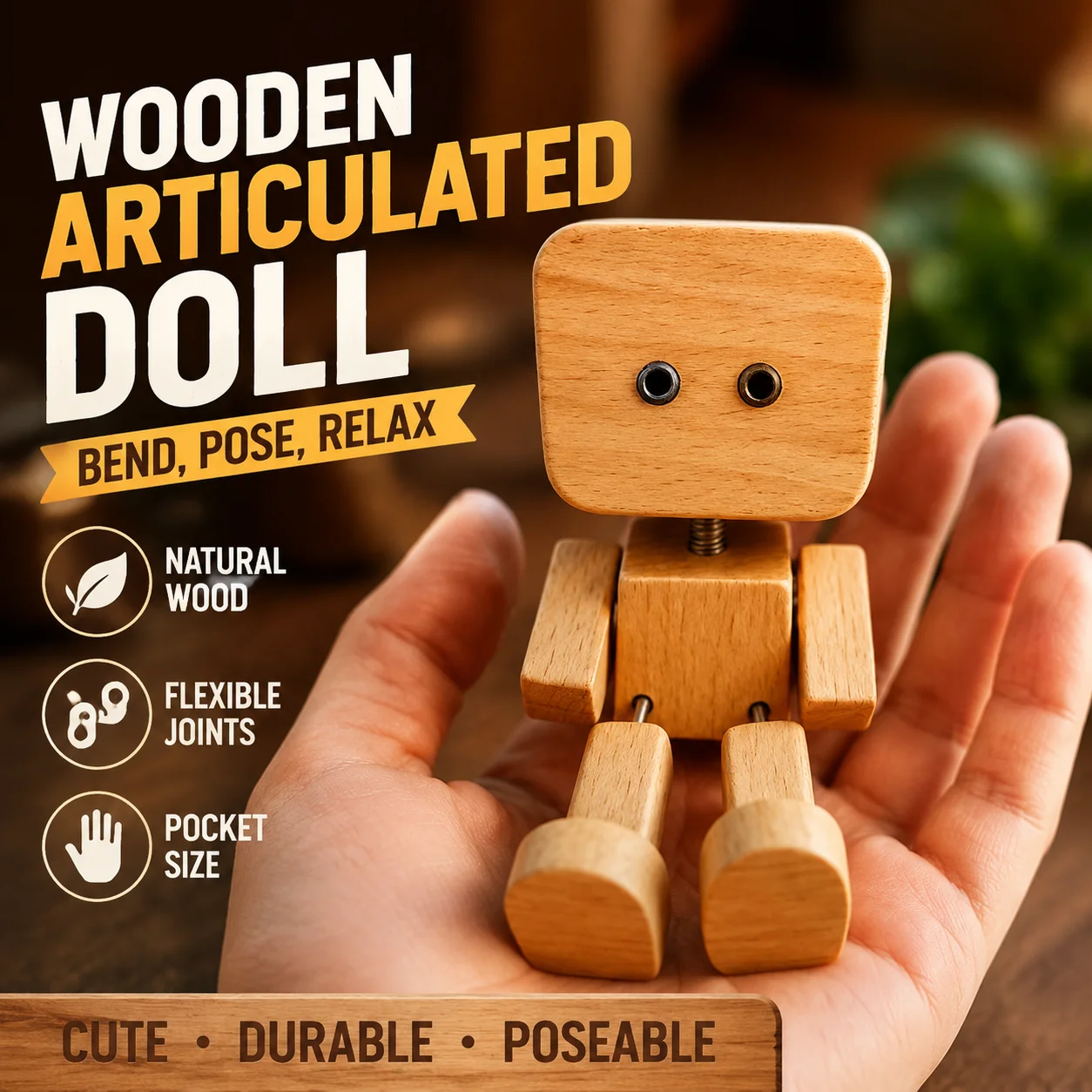 Creative Wooden Robot Toy Flexible Spring Legs Magnetic Changeable Expression Desktop Poseable Doll Stress Relief Decor