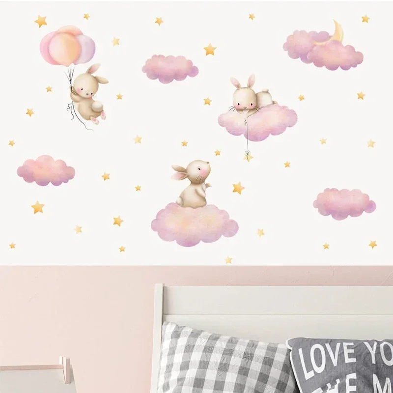 Kawaii Cartoon Bunny Pink Clouds Stars Watercolor Children Stickers Vinyl Nursery Wall Decals Kids Girls Baby Room Home Decor