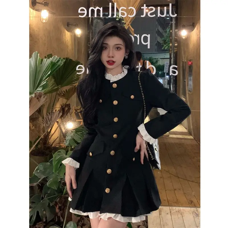 High End Small Fragrant Style Suit Dress Petite and Stylish Waist Cinching Hepburn Style Black Dress