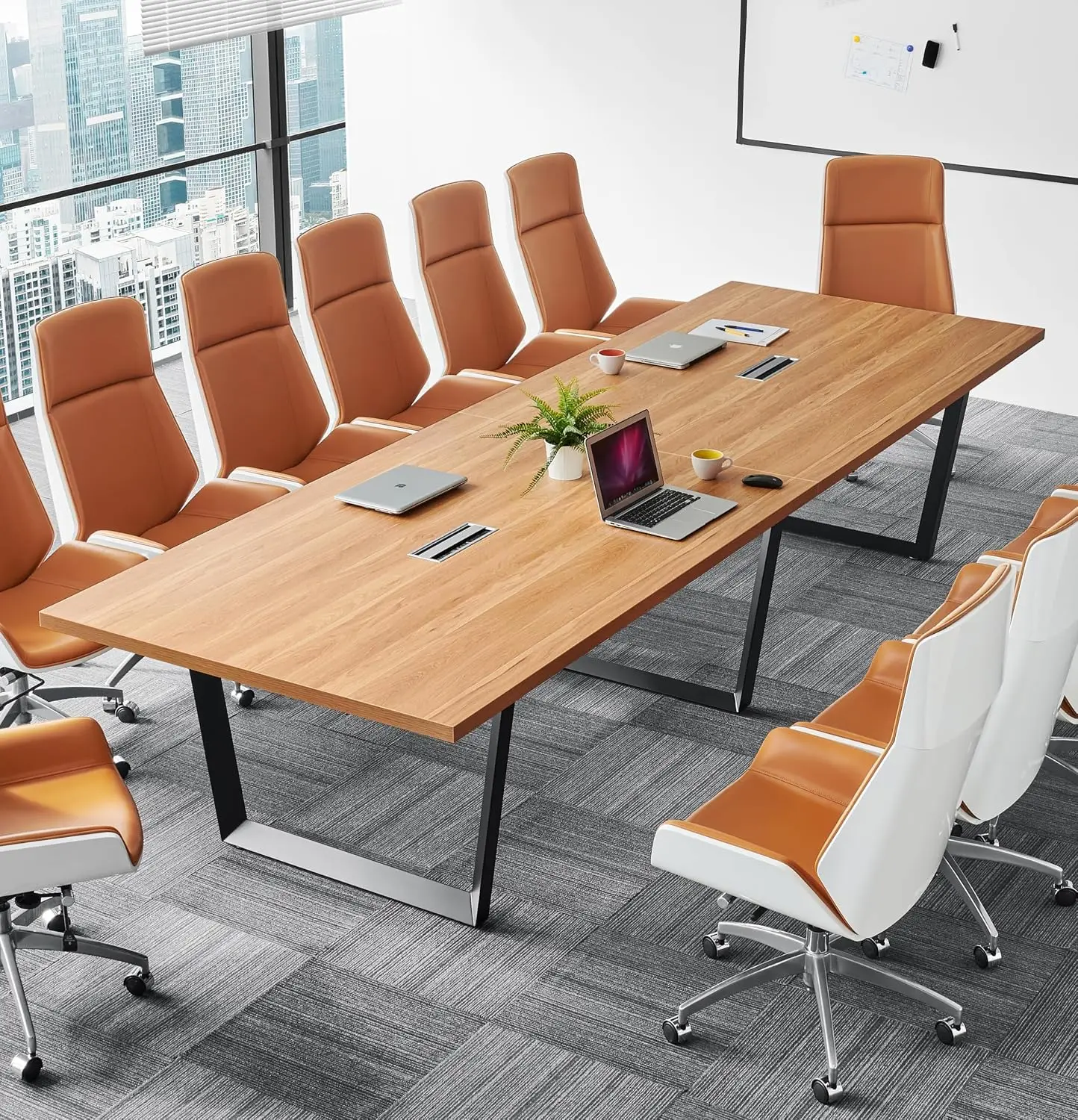 12FT Conference Table with Cable Management Grommets - Modern Rectangle Office Meeting/Boardroom Table with Melamine Wood Top