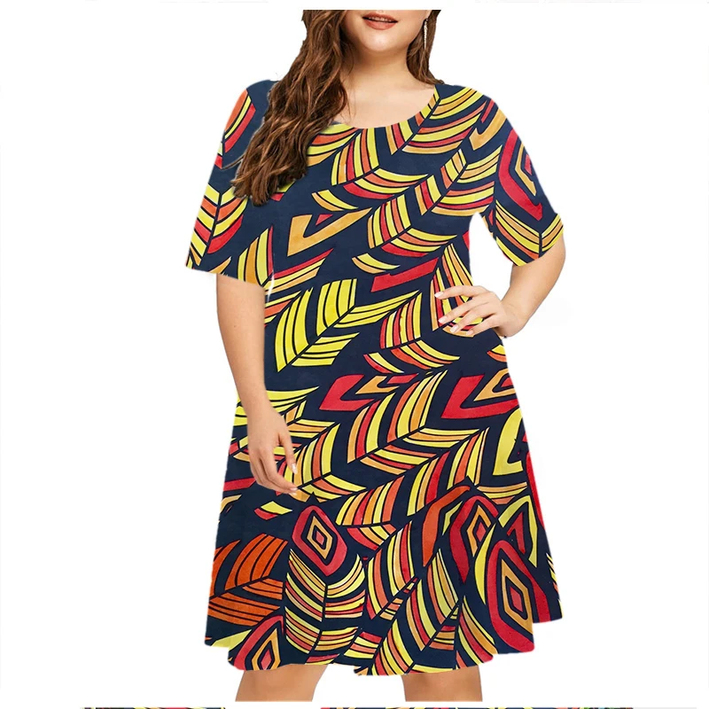 6XL Plus Size Dresses Women Abstract Painted Print Dress Summer Vintage Pattern Short Sleeve A-Line Dress Casual Party Sundress