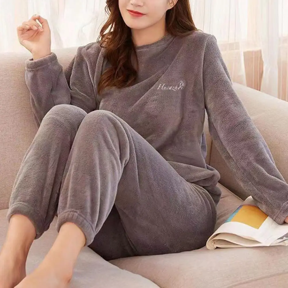 Conjunto de loungewear feminino aconchegante, roupa de pelúcia com 2 peças, elástico na cintura, longo, aconchegante, inverno