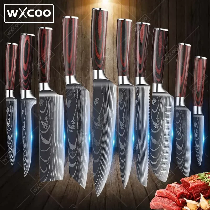 10 Pcs, Kitchen Chef Knife Set, High Carbon Stainless Steel Damascus Drawing Gyuto Cleaver Set Slicer Santoku Knife Chef Knife