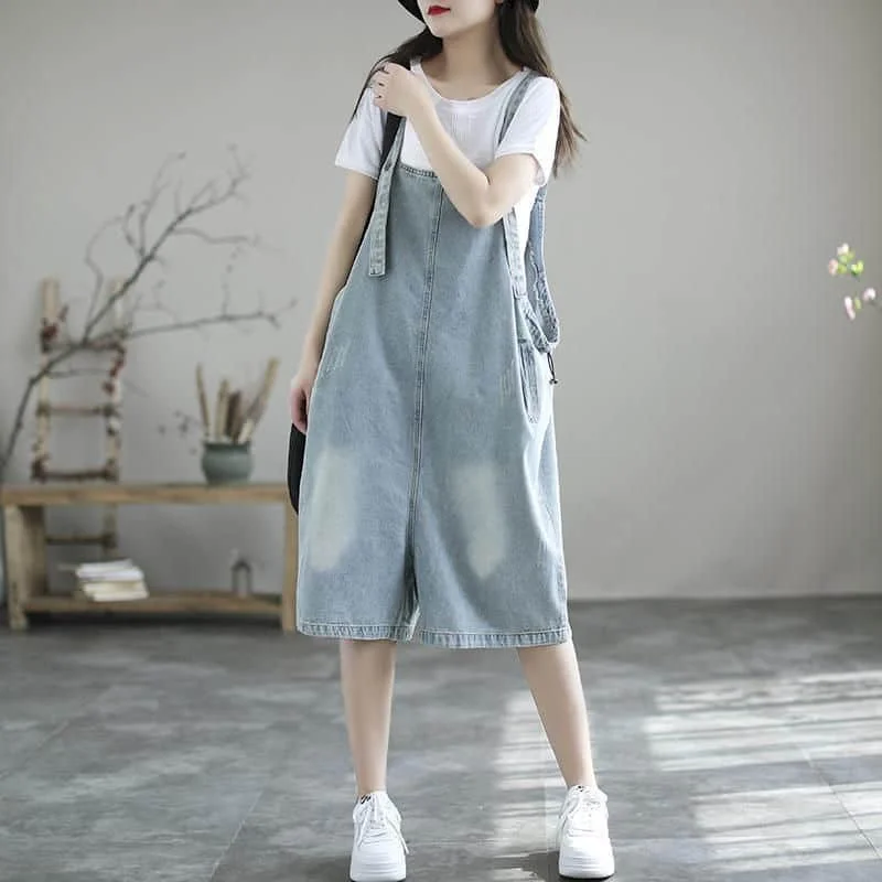 Imagem -03 - Denim Jumpsuits Mulheres Oversized Casual One Preço Outfit Mulheres Playsuits Macacão Vintage para Mulheres Sólida Azul Calças de Cinco Pontos