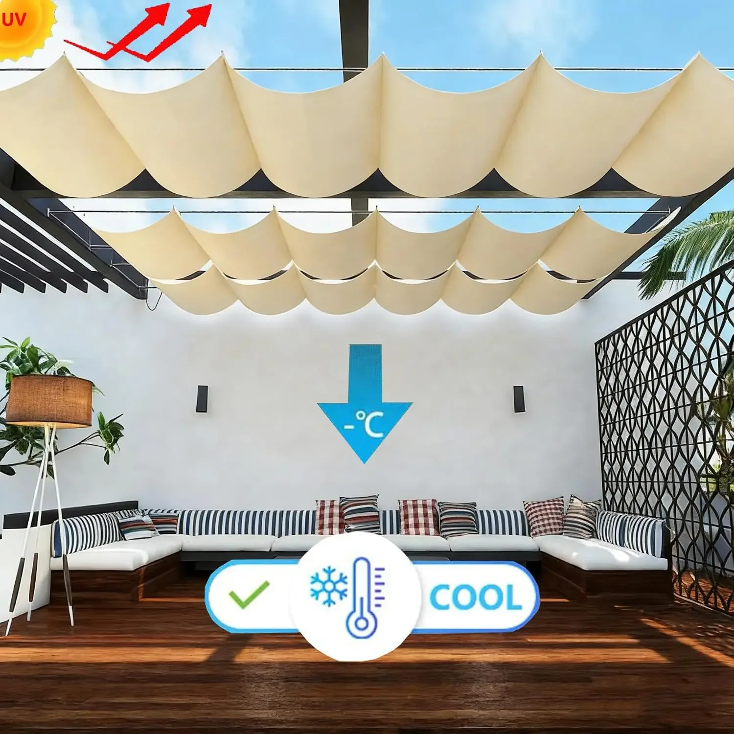 Retractable Wave Sun Shade Cloth 3' x 12' Sun Shade Sail Waterproof Polyester Sunscreen Awning Canopy Wind Protection for Outdoor Patio Yard Terrace Carport Cream