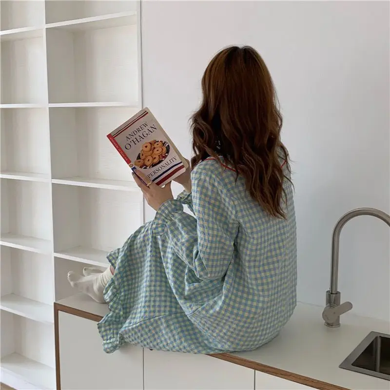 Plaid Women Nightgown Ruffles Sleepwear Korean Style Nightwear Autumn Peter Pan Collar Sleeping One Piece Pajamas Night Dress