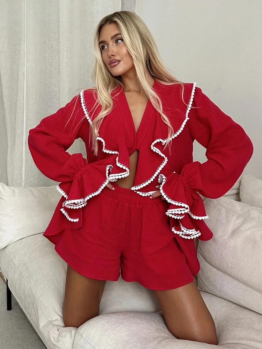 

Summer New Women's V-neck Elegant Trumpet Sleeve Design Shirt High Waist Shorts Set Women's Fashion Loose Two Piece Set Women's