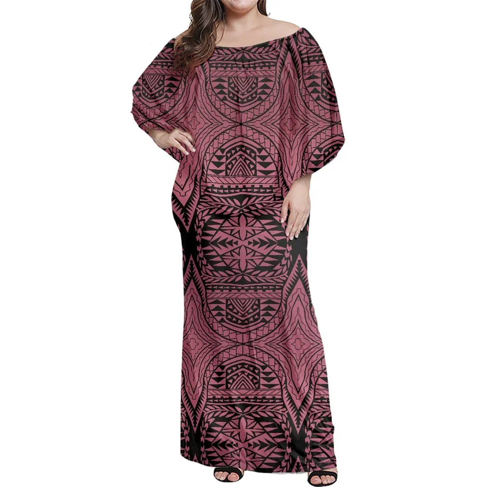 Fashion Dresses Design Polynesian Tribal Clothing Samoa Purple White Shawl Ruffle Dress Women Party Elegant Summer Club Bodycon