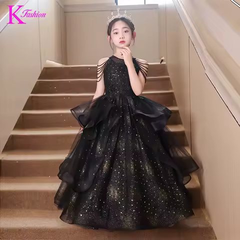 2026 New Year Elegant Festive Dress For Girl Children's Clothing Black Red Color Kids Long Party Dress Evening Wear