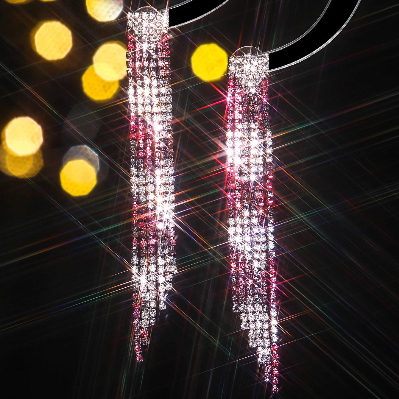 Luxury Bevelled Edge Long Tassel Rhinestone Dangle Earrings for Women Sparkly Colorful Tassel Lightweight Ear Studs Jewelry