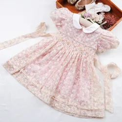 Little Girls Vintage Floral Smocked Dresses 2024 Summer Girls Short Sleeve Embroidery Smock Dress For Party Birthday Vestidos